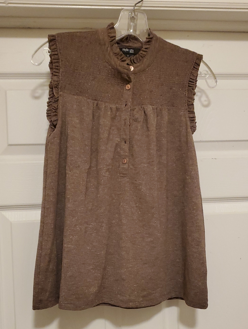 Style & Co. Brown Ruffle-Trim Button Placket Sleeveless Top